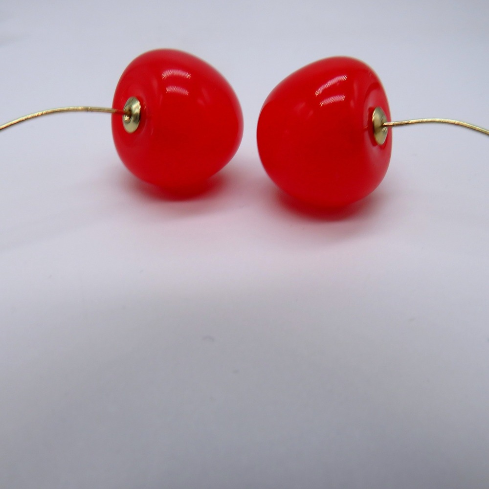 Red Cherry Drop Earrings Gold Tone Stem Fruit Statement Jewelry Whimsical Retro